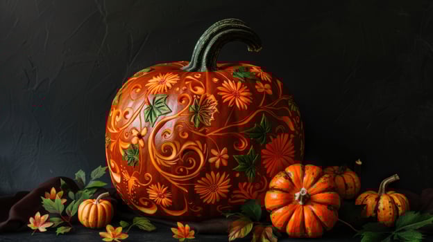 Floral carved pumpkin festive autumn arrangement photo
