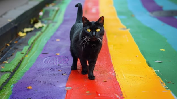 Black cat walking over rainbow striped pavement photo