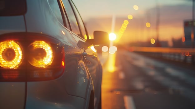 Car tail lights on the road during twilight transportation photo