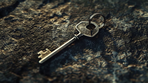 Vintage key on textured rock surface metal security symbol photo