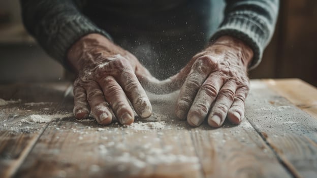 Hands working with flour on wooden table for food preparation photo