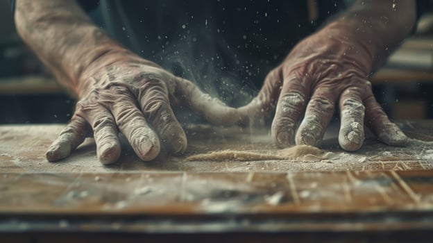 Artisan hand pressing flour on wooden surface food preparation baking photo