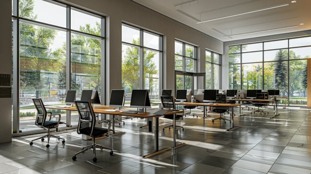 Modern office interior with natural light and minimalist design workspace photo