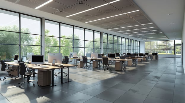 Modern open plan office interior with rows of desks and natural light photo