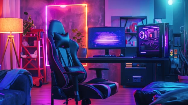 Gaming setup with computer and neon lights in modern room photo