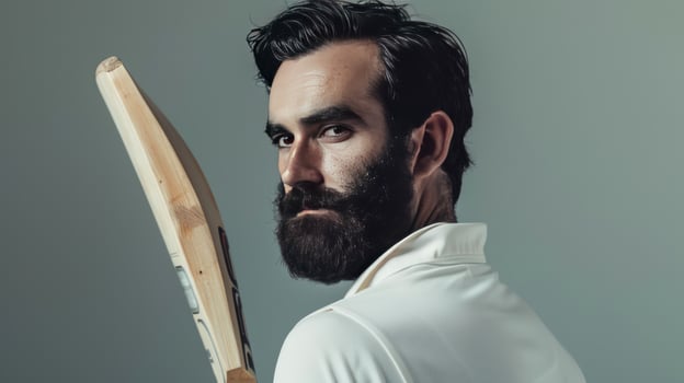 Bearded man holding cricket bat in studio portrait professional athlete ready for sport competition photo