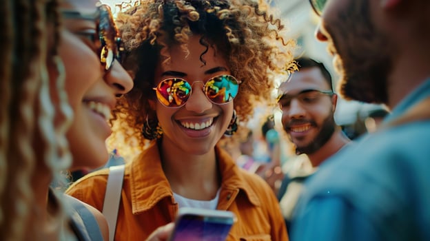 Smiling woman holding smartphone socializing with friends outdoors photo