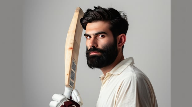 Man holding cricket bat posing for portrait with serious expression photo