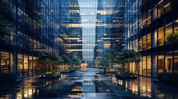 Modern office building architecture with reflective pavement and geometric design photo