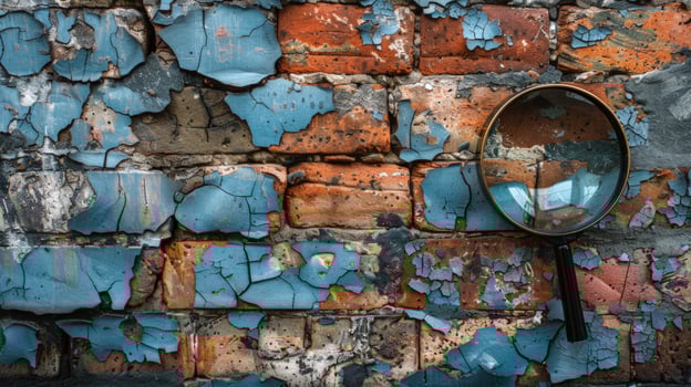Aged brick wall with peeling paint and magnifying glass texture background photo