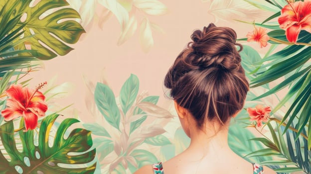 Woman hairstyle surrounded by tropical floral beauty photo