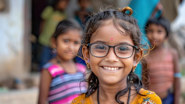 Cheerful little girl with glasses smiling portrait photo