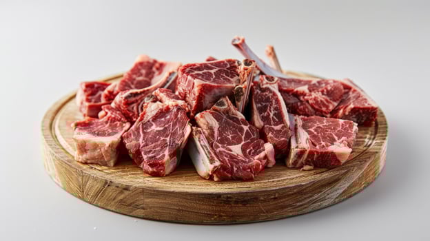 Assortment of fresh raw lamb chops on a wooden board ready for cooking and grilling photo