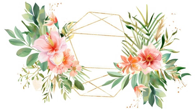 Floral bouquet with geometric frame watercolor illustration elegant botanical design photo