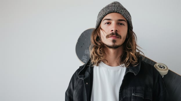 Man portrait with skateboard and beanie casual lifestyle photo