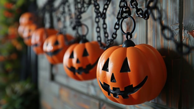 Festive pumpkin garland halloween decorations on wooden wall photo