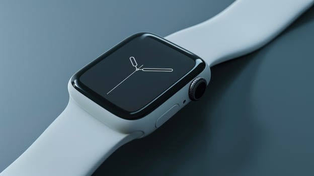 Smartwatch timepiece with white strap on dark grey background technology and innovation photo