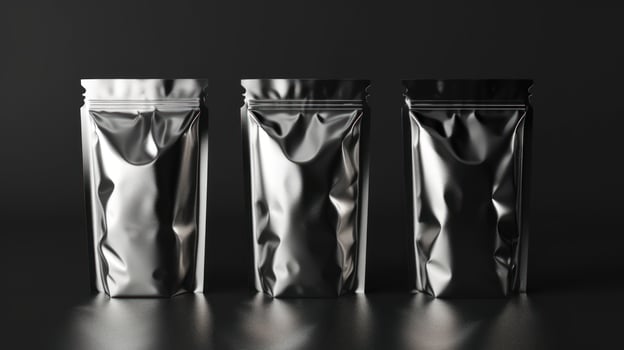 Modern silver metallic pouches packaging on dark background product mockup photo