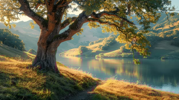 Old tree beside a calm lake in a green landscape photo