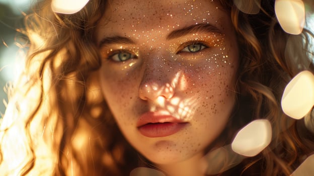 Portrait of freckled woman with glitter and petals beauty and elegance photo
