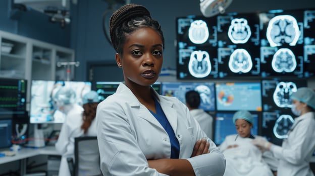 Confident doctor in modern operating room surrounded by medical scans photo
