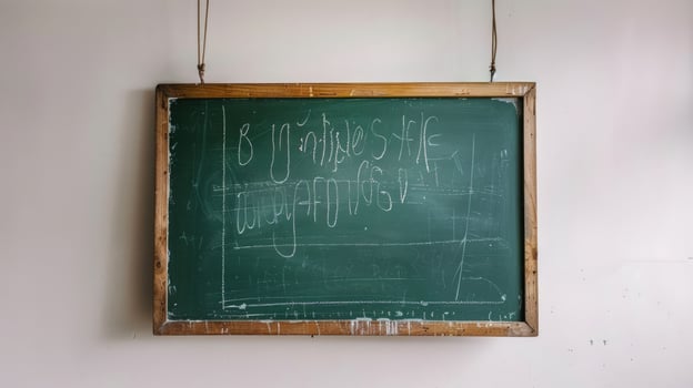 Aged chalkboard with handwritten notes on off white wall photo
