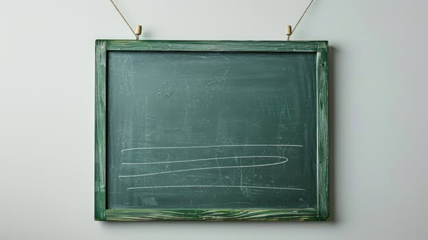 Green chalkboard with chalk lines hanging on wall for education or message board background photo