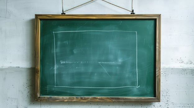 Green chalkboard with wooden frame hanging on white textured wall with hand drawn rectangle photo