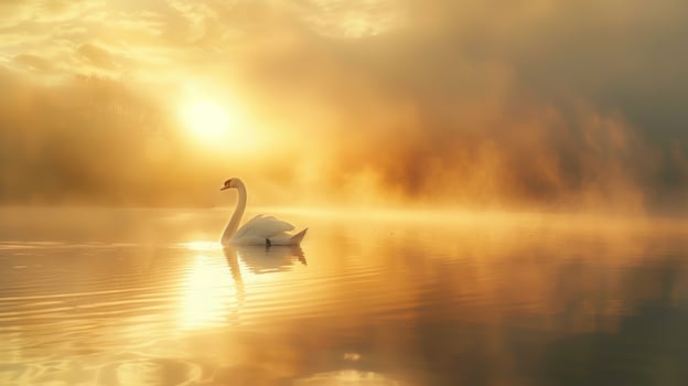 Swan in golden light serene water reflection photo