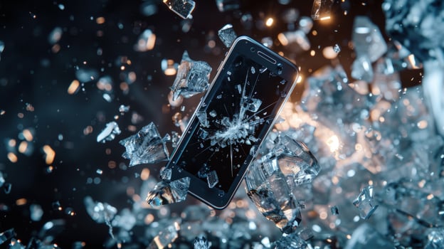 Broken smartphone with shattered screen and glass shards technology failure photo