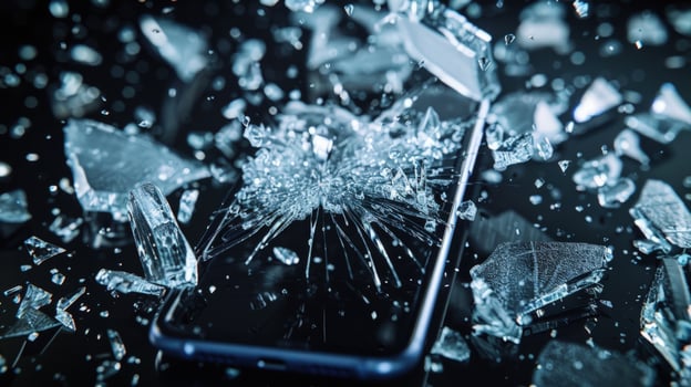 Broken smartphone with shattered glass displaying damage in a close up shot photo