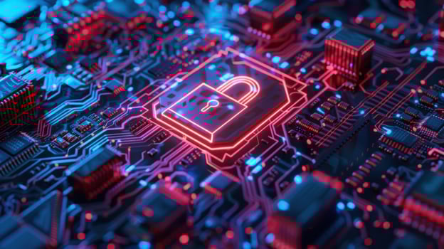Digital security padlock on circuit board high tech cybersecurity photo
