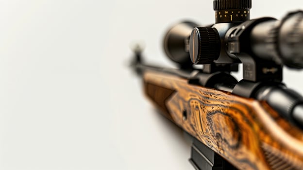 Rifle with wooden stock and scope close up against neutral background photo