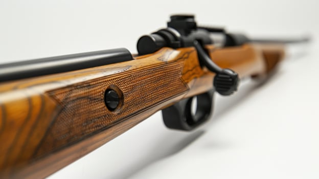 Firearm studio shot of rifle with wooden stock and black metal parts photo