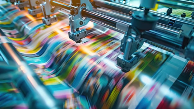 Industrial printing press in motion with vibrant colors abstract manufacturing technology photo
