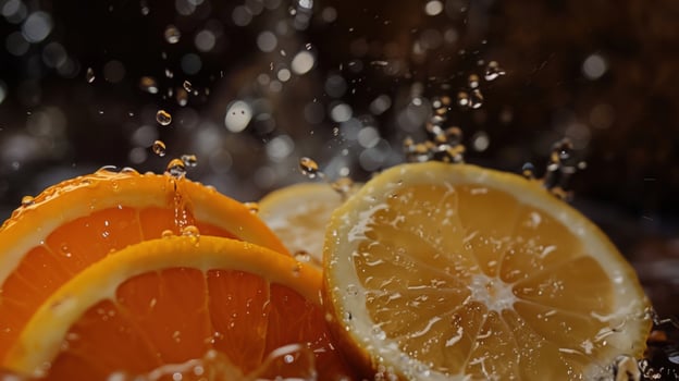 Fresh citrus fruit slices with splashing water for healthy lifestyle or beverage advertising photo