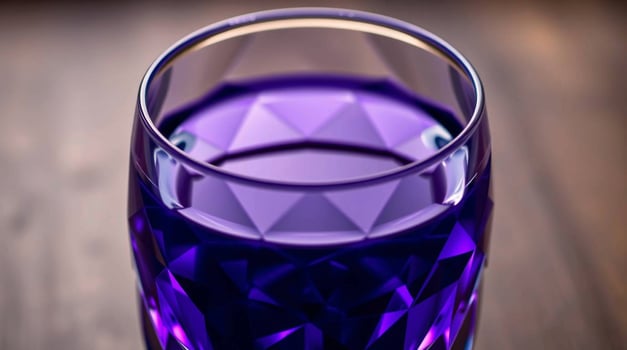 A purple liquid in a glass on a wooden table photo