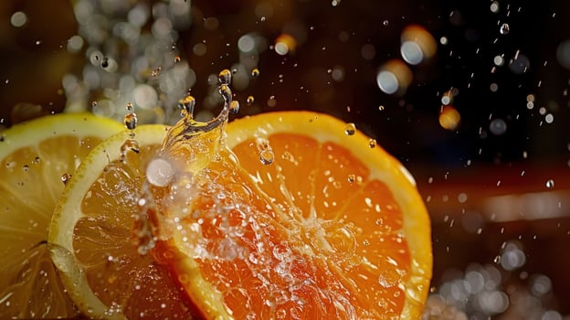 Fresh citrus fruit slices with splashing water drops close up photo