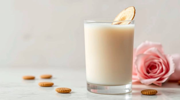 A glass of milk with cookies and a rose photo