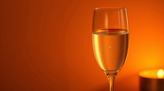 A glass of champagne on a table with a candle photo