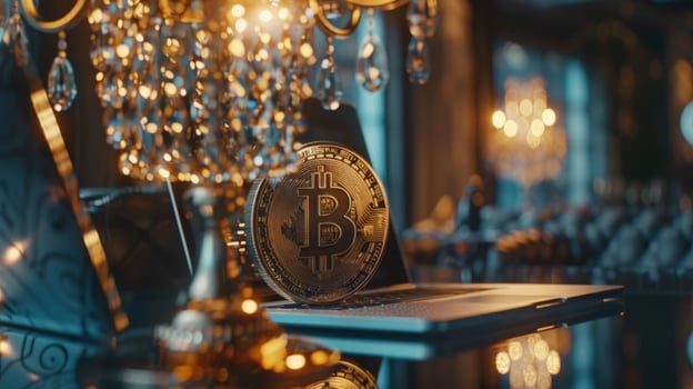 Laptop and golden coin depicting modern digital finance and investment photo