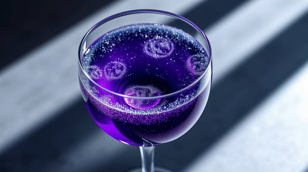 A purple glass of wine with bubbles photo