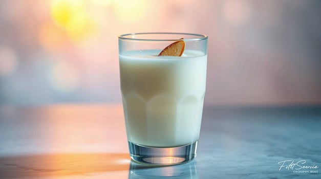 A glass of milk with an orange slice on top photo