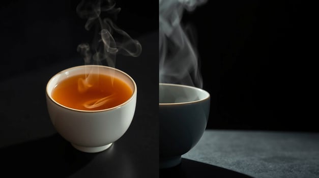 Two images of a cup of tea with steam coming out of it photo