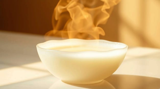 A white bowl with smoke coming out of it photo