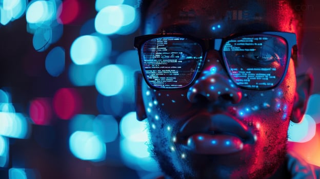 Technological integration person face displaying software code photo