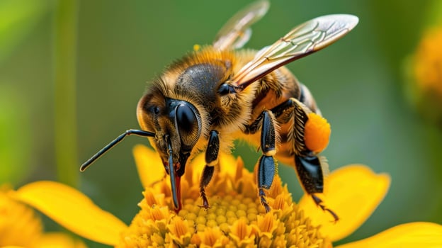 Bee collecting pollen on yellow flower macro photography photo