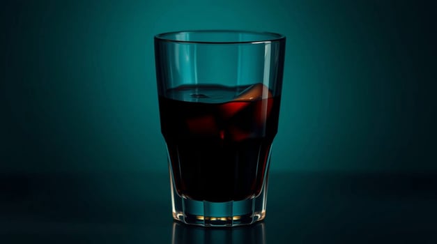A glass of dark liquid with ice on a dark background photo