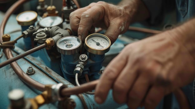 Close up of pressure gauges being inspected on a mechanical system photo