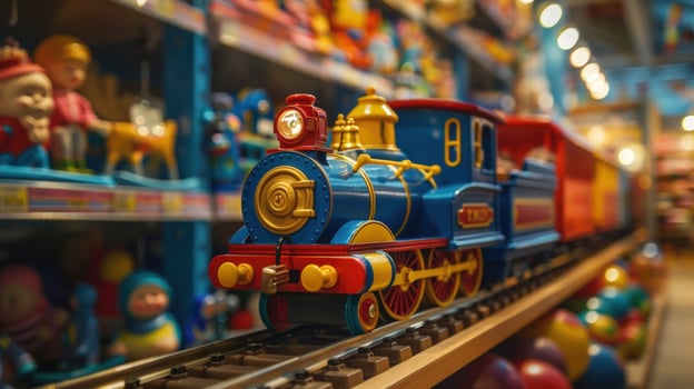 Vintage toy train on tracks for playful hobby and nostalgic gift photo
